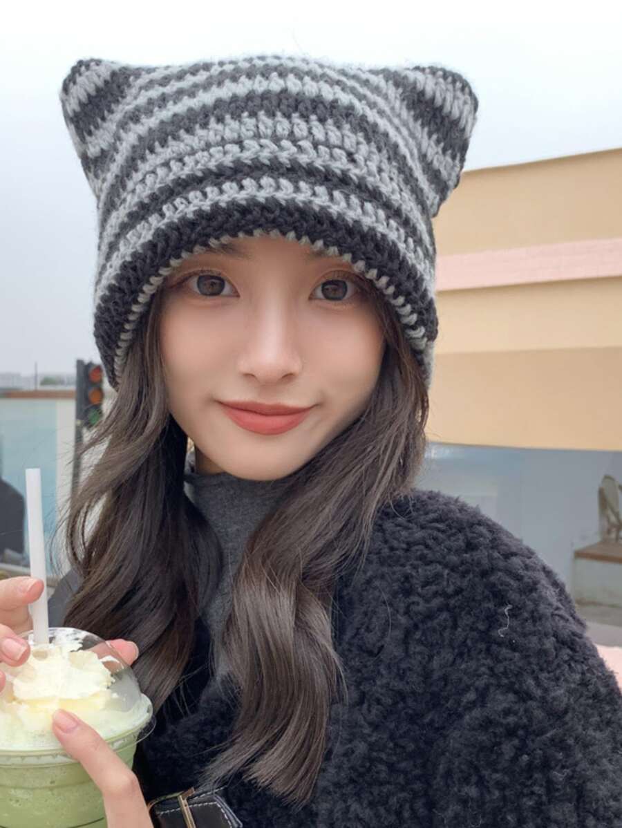 1 Miếng Hàn Quốc Phong cách Dễ thương Tai mèo Sọc Mũ đan Đối với phụ nữ , Mùa thu Và Mùa Đông , Tai Sự bảo vệ Và , Len Mũ Beanies - Nhiều màu - Xem 1