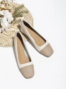 Square Toe Soft Bottom Color-Block Low Vamp Chunky Heel Shoes For Women - Apricot - View 4