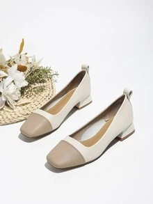 Square Toe Soft Bottom Color-Block Low Vamp Chunky Heel Shoes For Women - Apricot - View 2