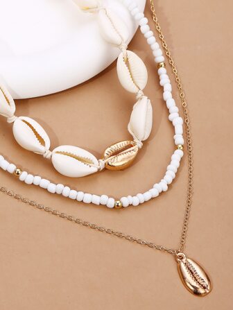 3入組/套波西米亞貝殼吊墜和白色串珠項鏈套裝適合女士適合夏天度假沙灘派對旅行