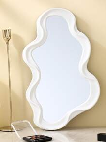 1pc Wall-Mounted Asymmetrical-Shaped Dressing Mirror Home Bedroom Bathroom Asymmetrical Makeup Cloud Wave Shaped Decorative Mirror - White - View 3