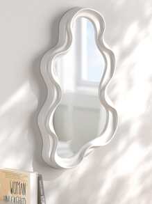 1pc Wall-Mounted Asymmetrical-Shaped Dressing Mirror Home Bedroom Bathroom Asymmetrical Makeup Cloud Wave Shaped Decorative Mirror - White - View 5