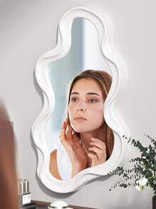 1pc Wall-Mounted Asymmetrical-Shaped Dressing Mirror Home Bedroom Bathroom Asymmetrical Makeup Cloud Wave Shaped Decorative Mirror - White - View 9