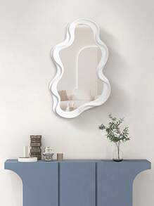 1pc Wall-Mounted Asymmetrical-Shaped Dressing Mirror Home Bedroom Bathroom Asymmetrical Makeup Cloud Wave Shaped Decorative Mirror - White - View 1