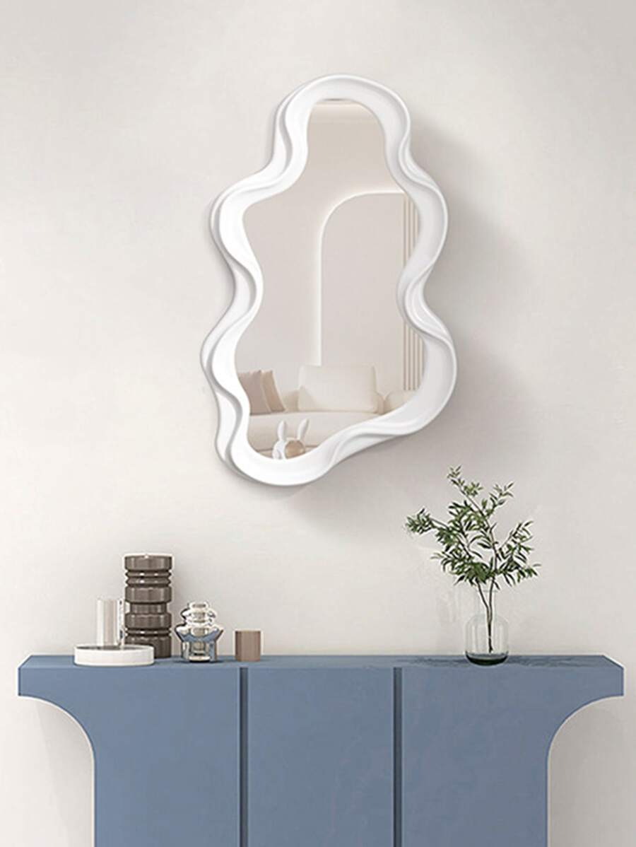1pc Wall-Mounted Asymmetrical-Shaped Dressing Mirror Home Bedroom Bathroom Asymmetrical Makeup Cloud Wave Shaped Decorative Mirror - White - View 1