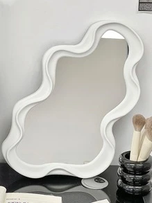 1pc Wall-Mounted Asymmetrical-Shaped Dressing Mirror Home Bedroom Bathroom Asymmetrical Makeup Cloud Wave Shaped Decorative Mirror - White - View 6