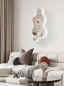 1pc Wall-Mounted Asymmetrical-Shaped Dressing Mirror Home Bedroom Bathroom Asymmetrical Makeup Cloud Wave Shaped Decorative Mirror - White - View 4
