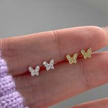 1 par Pendientes micro incrustado con diamante de imitación plata con diseño de mariposa , adecuado para uso diario con festivo regalo