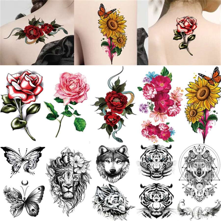 10入組/套防水臨時紋身貼,紅色和黑色系列帶花卉圖案,蝴蝶,老虎,獅子,和狼設計 - 彩色 - 查看 1