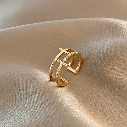 1個 ミニマリスト レイヤード クロス クラウンデザイン 調整可能なオープンリング、ユニークで多用途