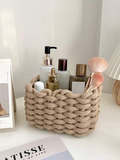 1pc Khaki Hand-Woven Makeup Organizer Box For Brushes And Skin Care Products Storage And Organization,For Holiday Beach, Bathroom Collection, Bedroom Collection, Large Capacity