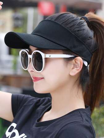 1頂黑色純色休閒遮陽帽,防曬紫外線旅行海灘帽,男女適用夏季户外太陽帽