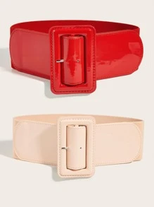 1set Women's Solid Color Elastic Wide Belt Set - Multicolor - View 1