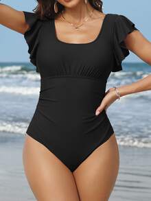 Ruffle Trim Ruched Bust One Piece Swimsuit Summer - Black - View 2