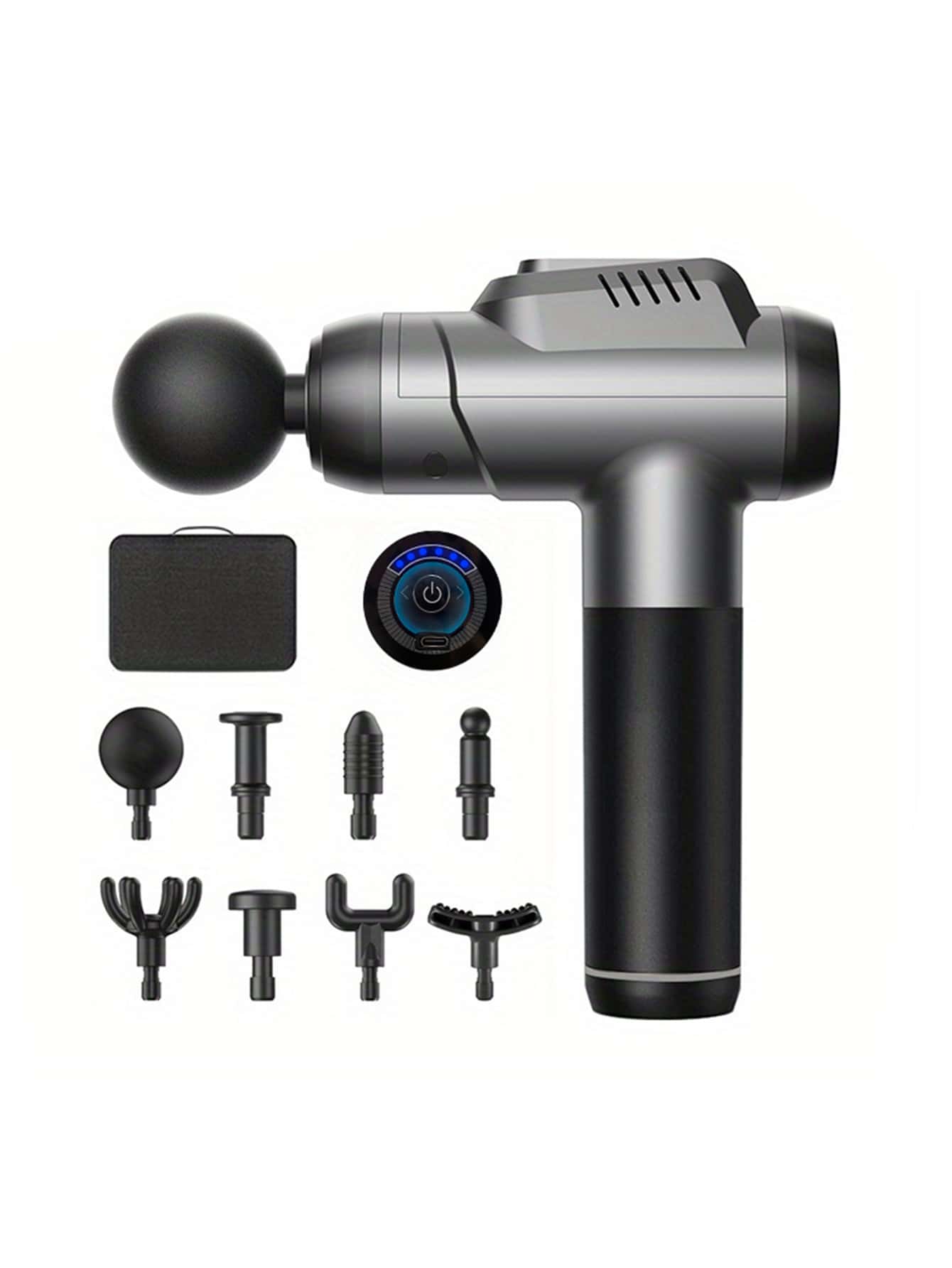 מכשיר עיסוי, שדרוג מכשיר עיסוי שרירי כלי הקשה לספורטאים, מכשיר לעיסוי רקמות עמוק כף יד, עיסוי ספורט חשמלי נייד, רמת מהירות 6 הילוכים, 8 ראשים שונים לקבוצות שרירים שונות - אפור - ראה 1