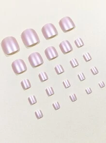 珍珠粉色按壓指甲，24 件方形美甲組適用於腳趾甲和手指指甲，簡約純粉色帶閃亮細節，非常適合購物、約會和下午茶 - 彩色 - 查看 3