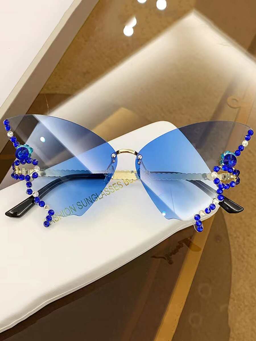 Gafas de moda gradiente hielo azul en forma de mariposa con diseño de diamante de imitación - Azul - Ver 1