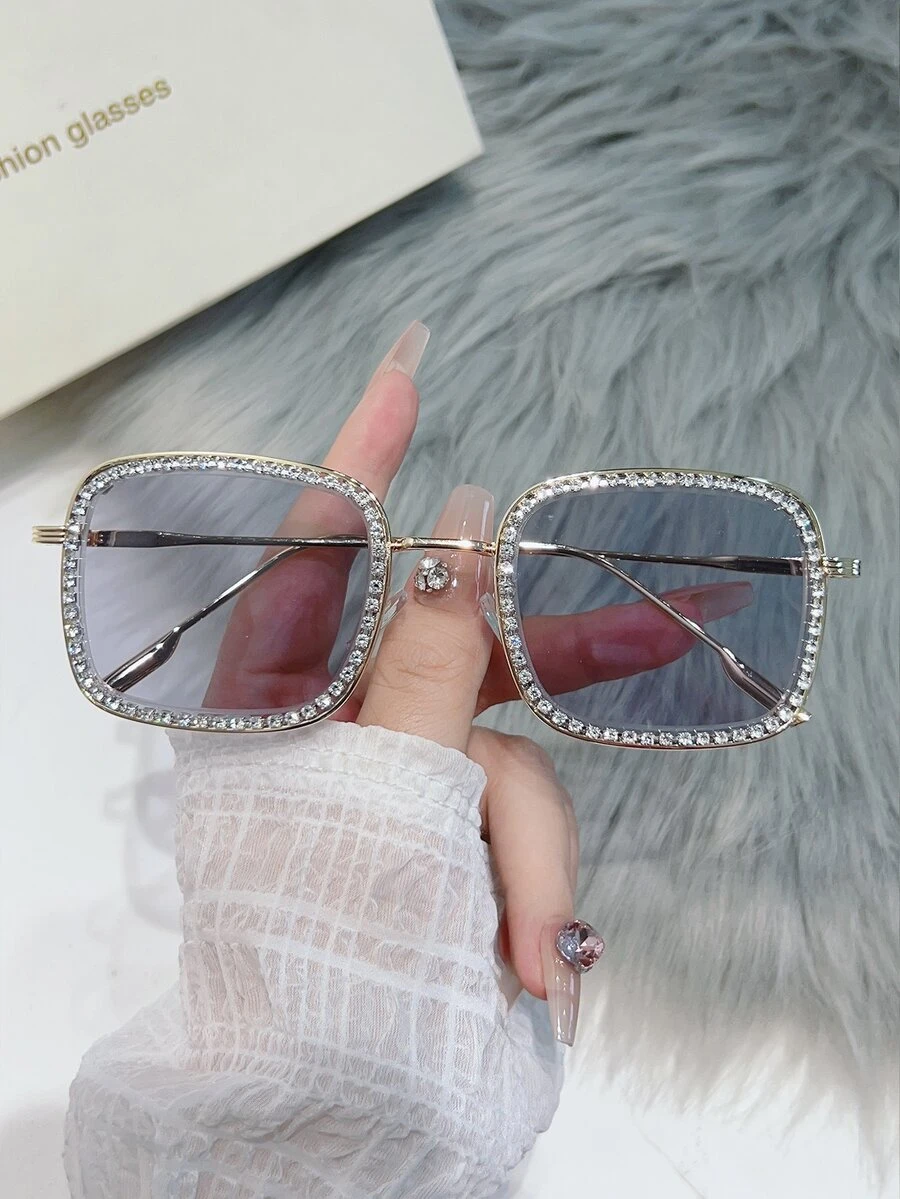 1入組經典方形金屬框水鑽裝飾中性太陽眼鏡 - 藍色 - 查看 1