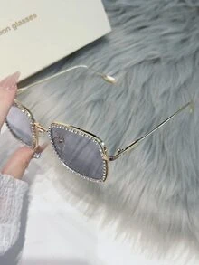 1入組經典方形金屬框水鑽裝飾中性太陽眼鏡 - 藍色 - 查看 2
