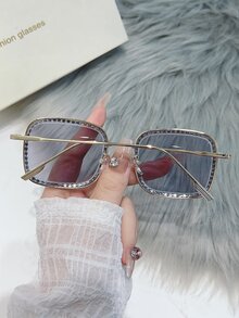 1入組經典方形金屬框水鑽裝飾中性太陽眼鏡 - 藍色 - 查看 3