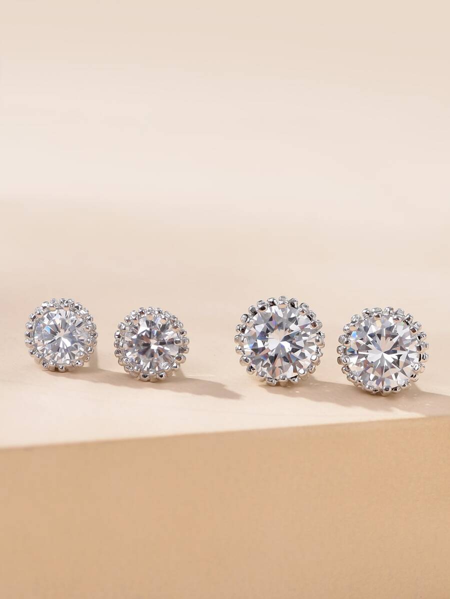 4入組新娘飾品方形方晶鋯石女士裝飾耳朵耳釘 - 銀色 - 查看 1