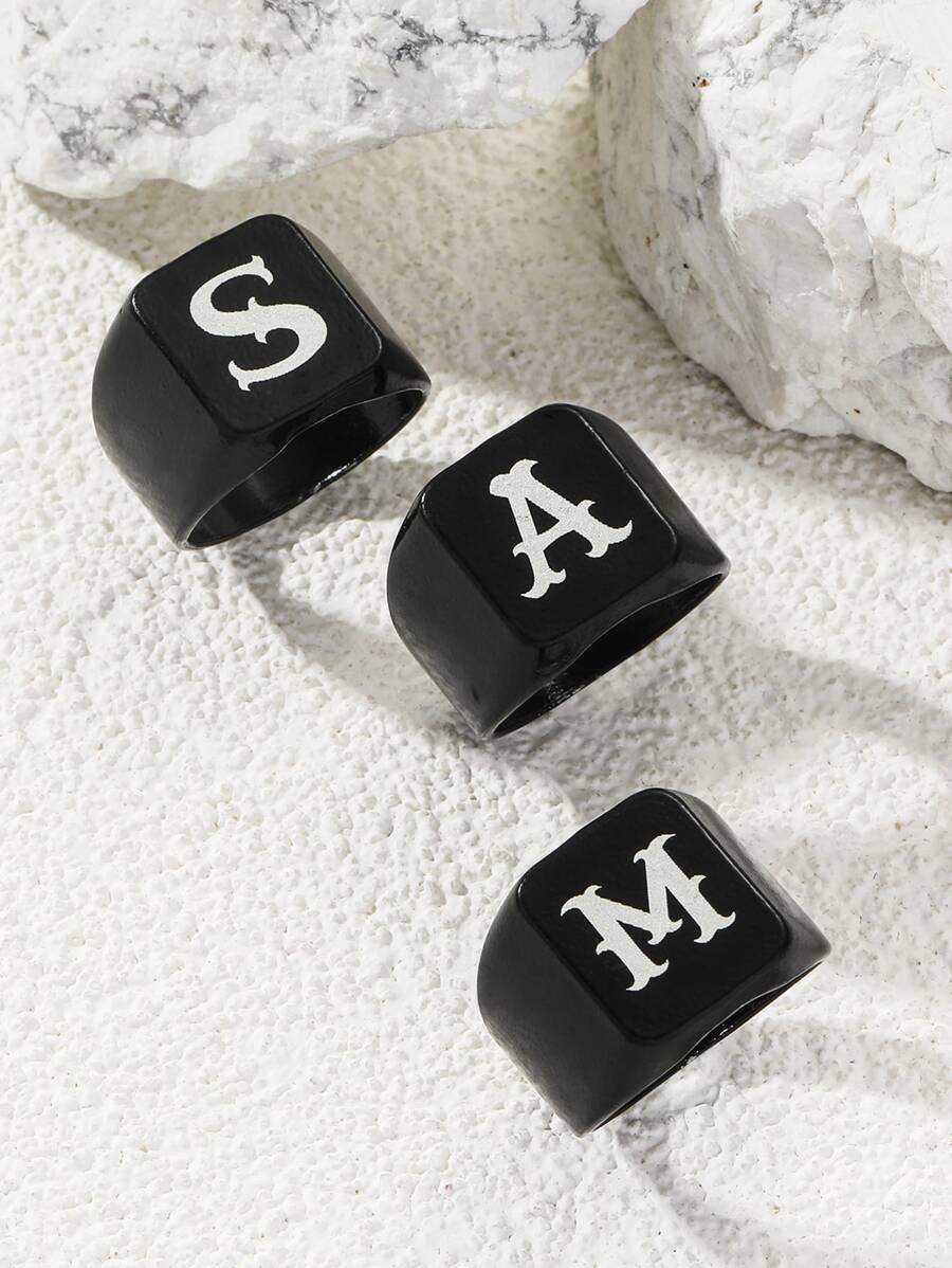 Men Letter Graphic Ring Black Fashionable Popular Simple & Stylish Jewelry Gift Party - Black - View 1