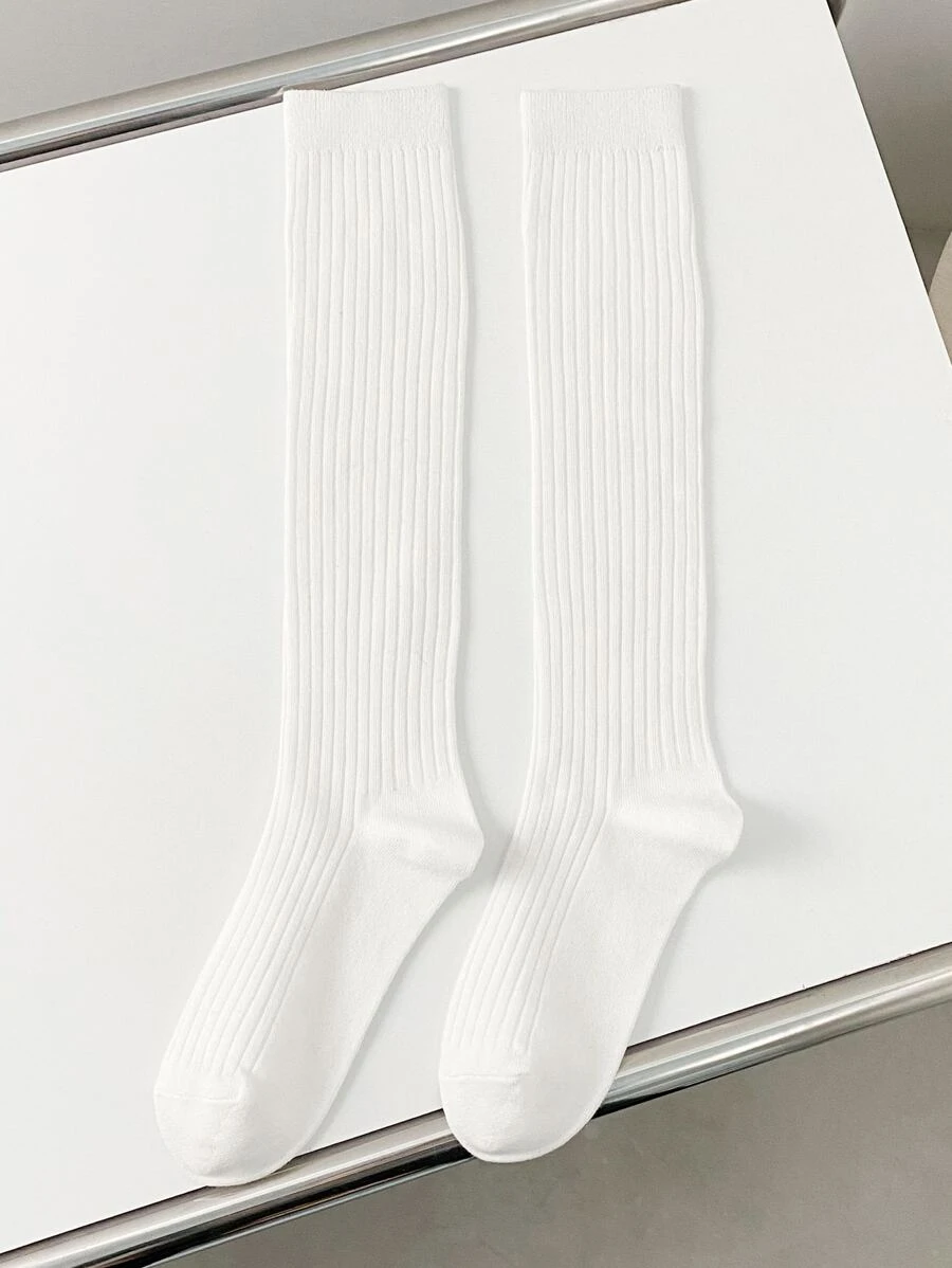 1pair Women's Solid Color Ribbed Fashionable Knee High Socks, Cozy - White - View 1
