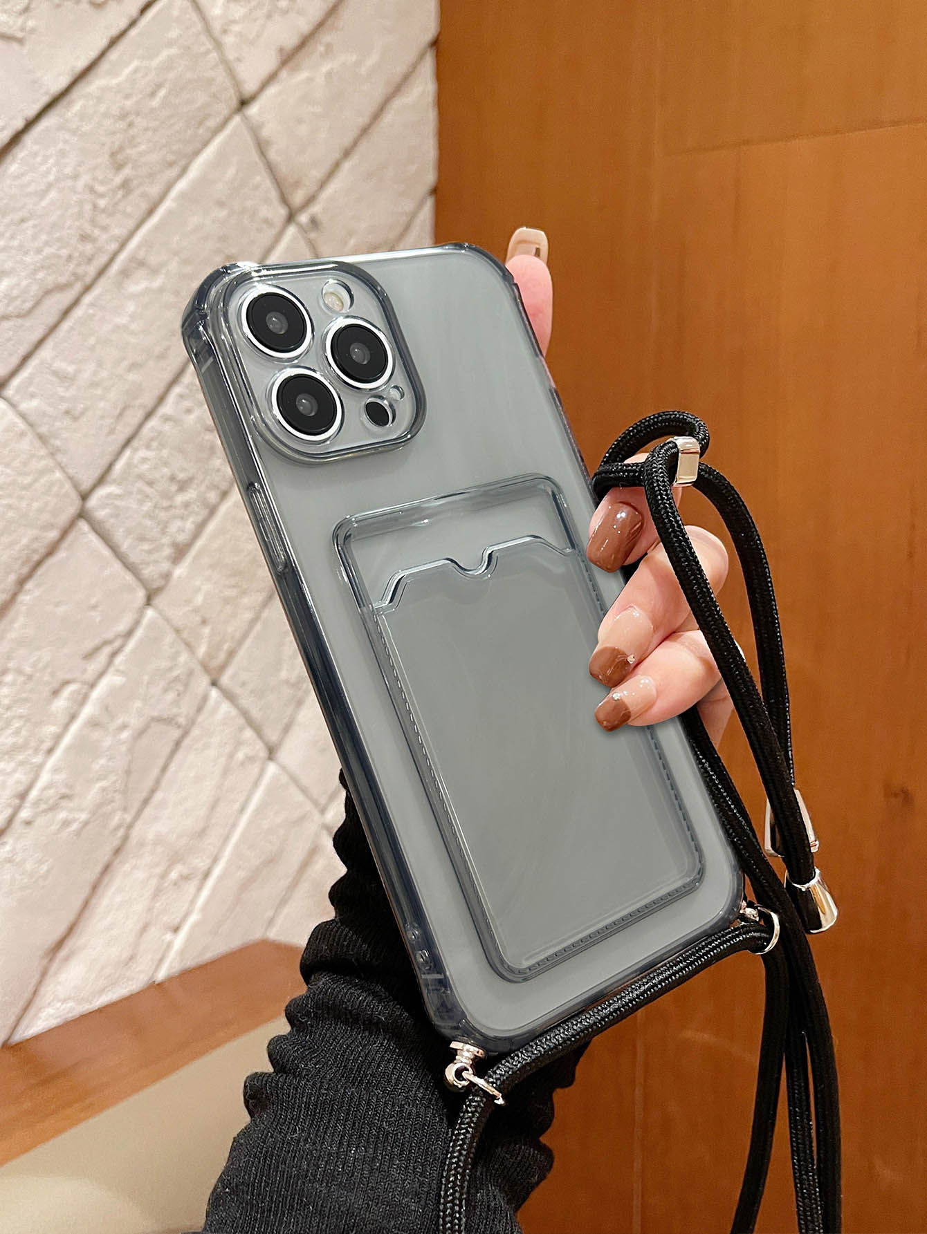 Ốp lưng điện thoại Apple có khe cắm thẻ nhớ trong suốt có dây đeo tương thích với iPhone15/15Plus/15Pro/15Promax - màu đen - Xem 1