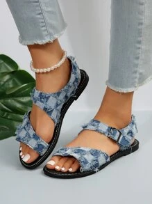 女士們棋盤格時尚平底涼鞋 - 藍色 - 查看 2