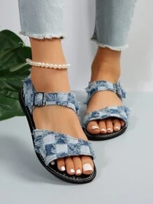 女士們棋盤格時尚平底涼鞋 - 藍色 - 查看 3