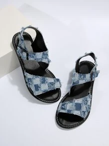 女士們棋盤格時尚平底涼鞋 - 藍色 - 查看 5