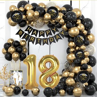 100pcs/Set Confetti Sequin Matte Black Chrome Gold Latex Balloon Chain Garland Set, Foil Happy Birthday Banner, 32in Number 18 Birthday Party Decor Accessories For Men & Women