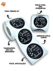 250 Etiqueta Adesivas - Gratidão Ter Você Como Cliente - Redonda 3x3cm - Preto - Visão 2