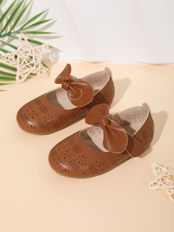 Baby Girls Brown Bow Decor Hollow Out Mary Jane Flats