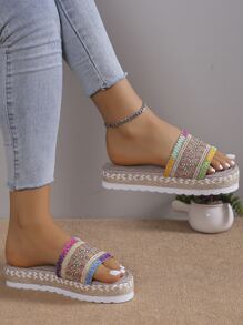 女士歐美風格大尺寸平底魚嘴糖果彩色拖鞋帶厚下裝繩索編織,一腳外露腳趾扣飾彩色輕便海灘鞋 - 珊瑚粉 - 查看 3