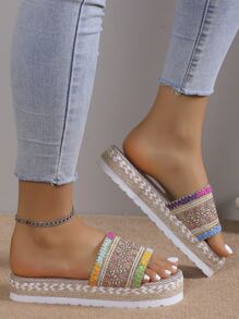 女士歐美風格大尺寸平底魚嘴糖果彩色拖鞋帶厚下裝繩索編織,一腳外露腳趾扣飾彩色輕便海灘鞋 - 珊瑚粉 - 查看 5