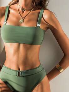 Solid Bikini Set For Summer Beach - Army Green - View 2