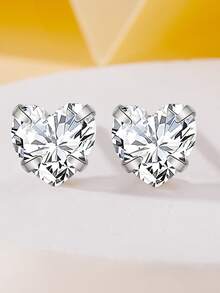 1對時尚純銀方晶鋯石愛心裝飾耳釘適合女士適用於約會禮物 - 銀色 - 查看 2