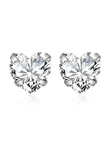 1對時尚純銀方晶鋯石愛心裝飾耳釘適合女士適用於約會禮物 - 銀色 - 查看 5