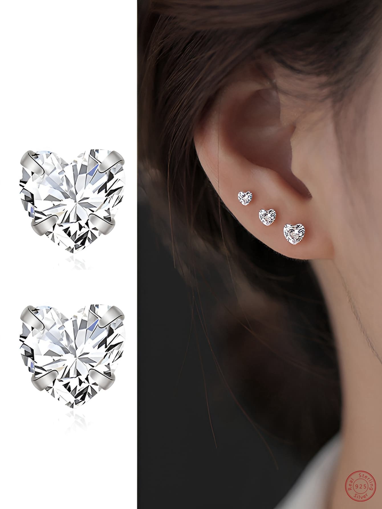 1對時尚純銀方晶鋯石愛心裝飾耳釘適合女士適用於約會禮物 - 銀色 - 查看 1