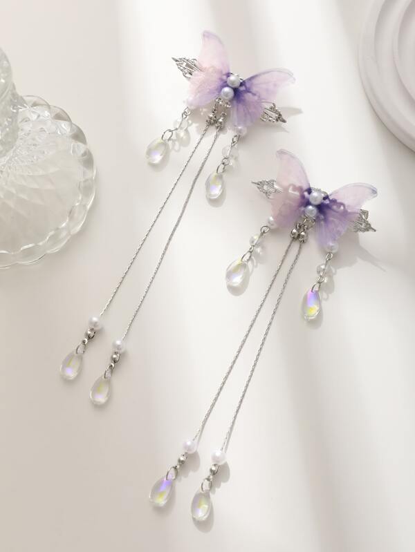 2pcs Double Layer Chiffon Butterfly Shaped Waterdrop Rhinestone Tassel Fancy Hair Clip Elegant Claw Clips Hair Claws Hair Barrettes