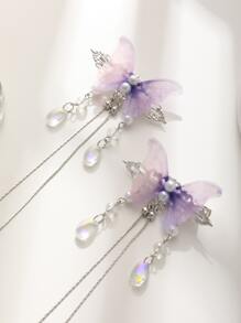 2pcs Double Layer Chiffon Butterfly Shaped Waterdrop Rhinestone Tassel Fancy Hair Clip Elegant Claw Clips Hair Claws Hair Barrettes, School Stuff, Hair Accessories, Head Accessories, Hairpin - Violet Purple - View 2