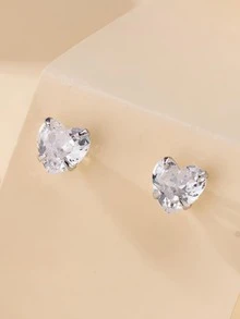1對時尚純銀方晶鋯石愛心裝飾耳釘適合女士適用於約會禮物 - 銀色 - 查看 3