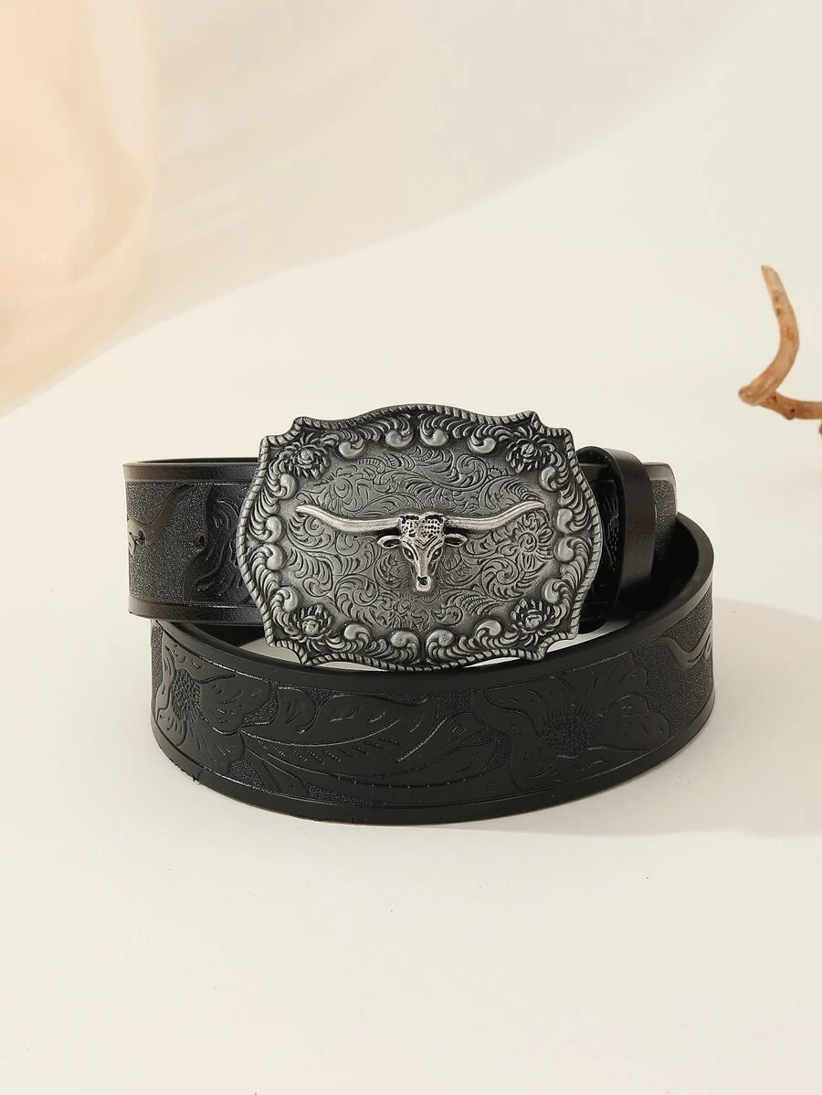 Thắt lưng thời trang phong cách cao bồi miền Tây cổ điển có khóa bấm màu bạc thời trang giản dị đa năng, phù hợp với quần jean - màu đen - Xem 1