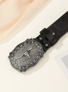 Thắt lưng thời trang phong cách cao bồi miền Tây cổ điển có khóa bấm màu bạc thời trang giản dị đa năng, phù hợp với quần jean - màu đen - Xem 4