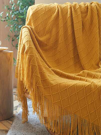 1pc Knitted Blanket For Sofa, Bed And Office Use, With Tassel And Summer Linen Material