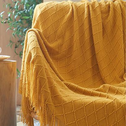 1pc Knitted Blanket For Sofa, Bed And Office Use, With Tassel And Summer Linen Material