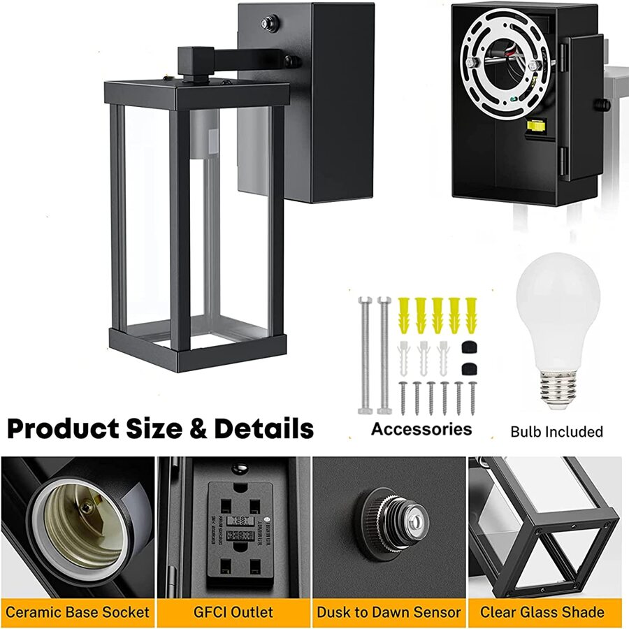 Porch Lights With GFCI Outlet, Anpty Dusk To Dawn Outdoor Wall Lantern