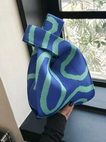 lulu kewen 1pc Geometric Pattern Crochet Woven Tote Bag, Suitable For Vacation, Mini Crochet Handbag, Breathable And Lightweight, Foldable Pocket To Hold Phone, Umbrella, Cosmetics, Lipstick, Perfume, Eye-Catching Beach Bag, Summer Essential, Beach Accessories, Most Popular Beach Bag , Crochet, Holiday - Blue - View 3