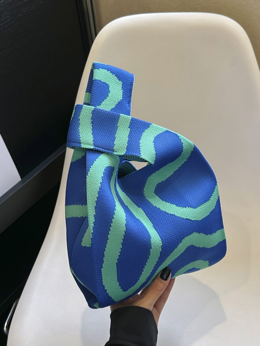 lulu kewen 1pc Geometric Pattern Crochet Woven Tote Bag, Suitable For Vacation, Mini Crochet Handbag, Breathable And Lightweight, Foldable Pocket To Hold Phone, Umbrella, Cosmetics, Lipstick, Perfume, Eye-Catching Beach Bag, Summer Essential, Beach Accessories, Most Popular Beach Bag , Crochet, Holiday - Blue - View 1